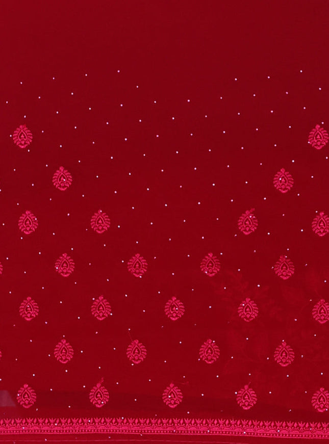 Semi georgette saree dark pink with allover chikankari & stone work