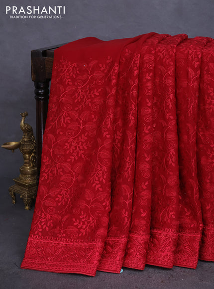 Semi georgette saree maroon with allover chikankari & stone work