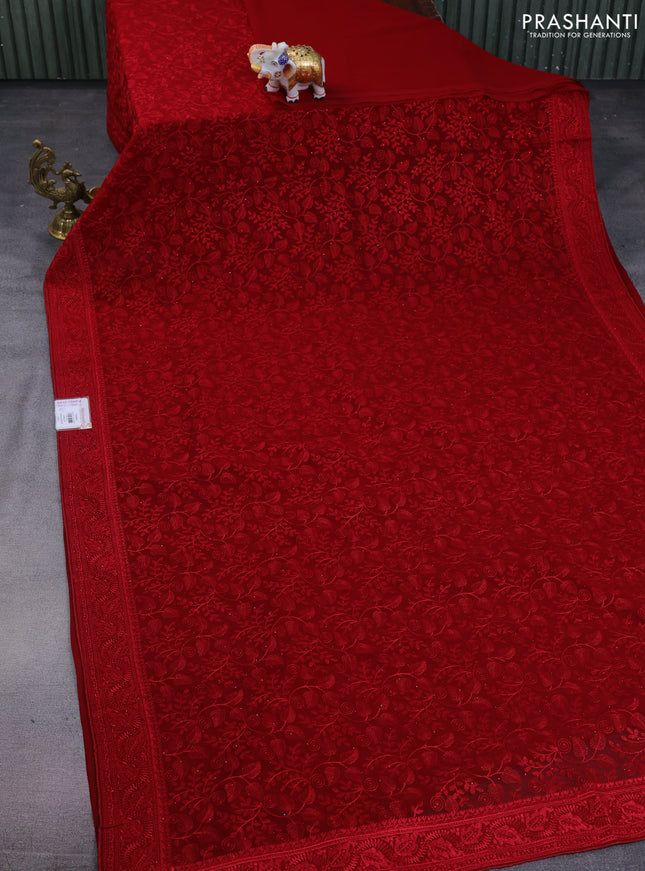 Semi georgette saree maroon with allover chikankari & stone work