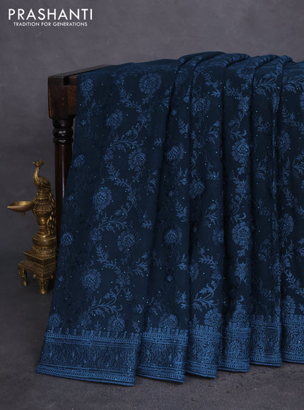 Semi georgette saree dark peacock blue with allover chikankari & stone work