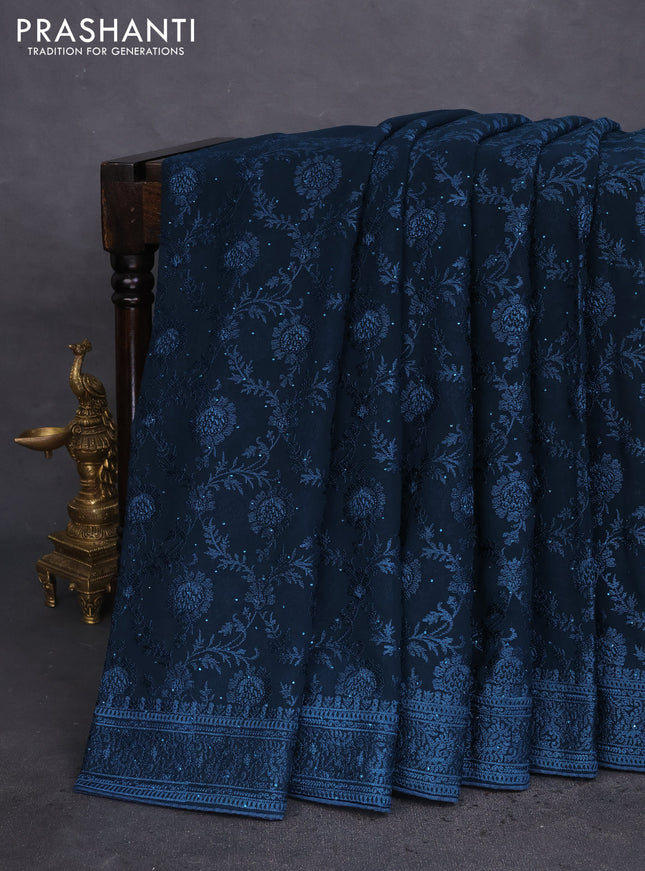Semi georgette saree dark peacock blue with allover chikankari & stone work
