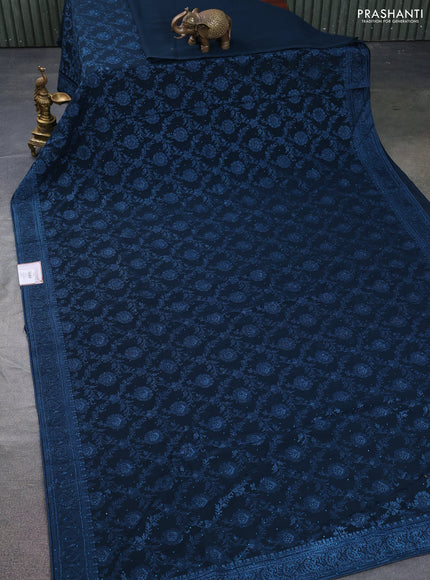 Semi georgette saree dark peacock blue with allover chikankari & stone work