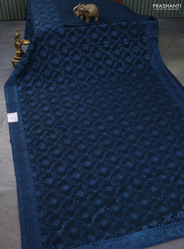 Semi georgette saree dark peacock blue with allover chikankari & stone work
