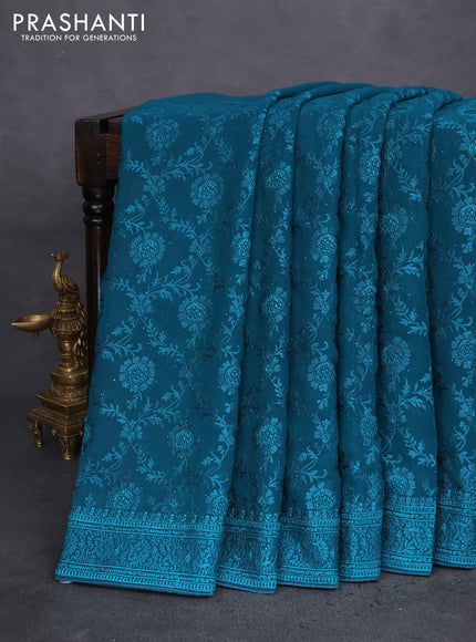 Semi georgette saree teal green with allover chikankari & stone work