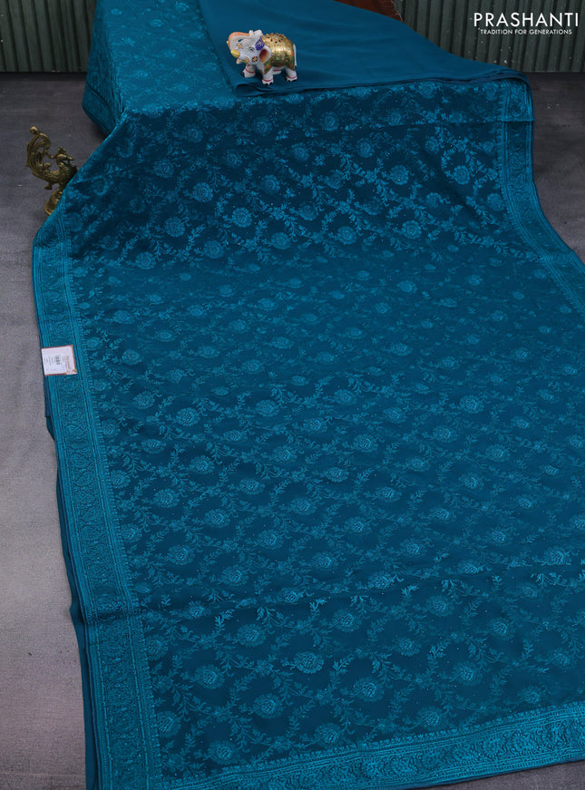 Semi georgette saree teal green with allover chikankari & stone work
