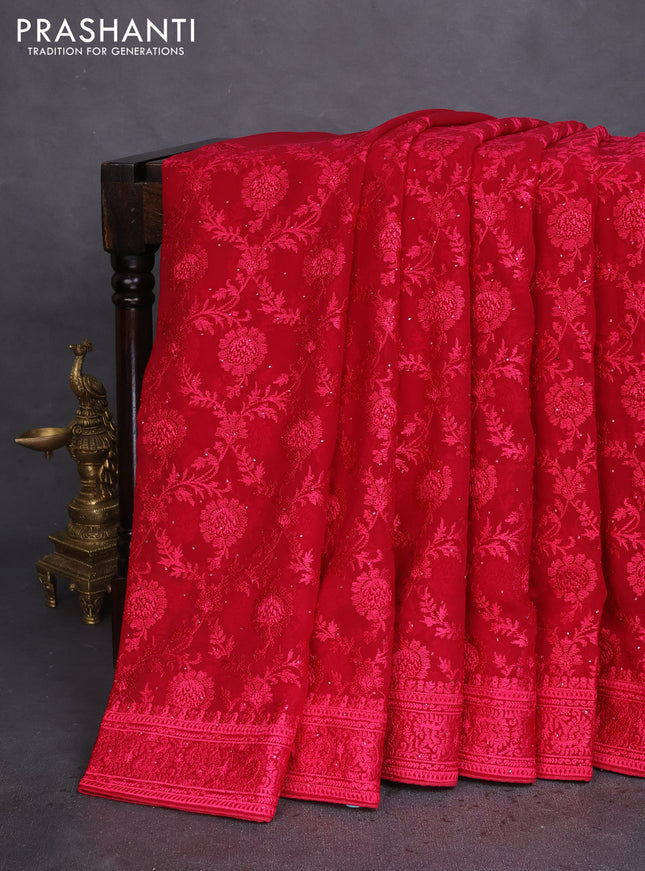Semi georgette saree dark pink with allover chikankari & stone work