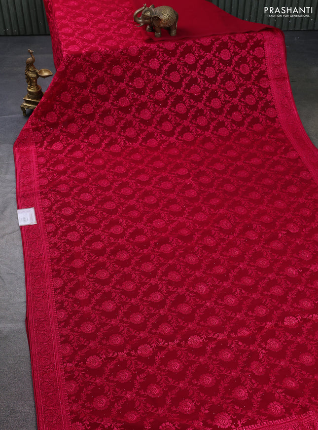 Semi georgette saree dark pink with allover chikankari & stone work