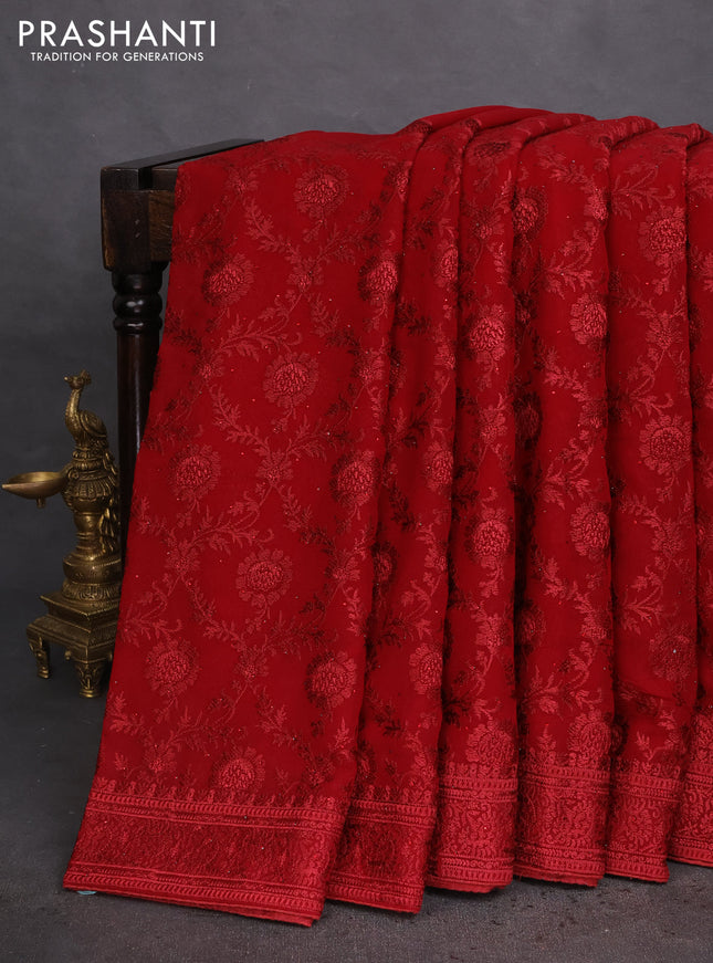 Semi georgette saree maroon with allover chikankari & stone work