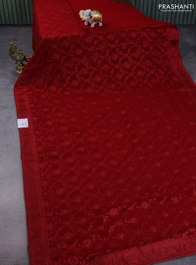 Semi georgette saree maroon with allover chikankari & stone work