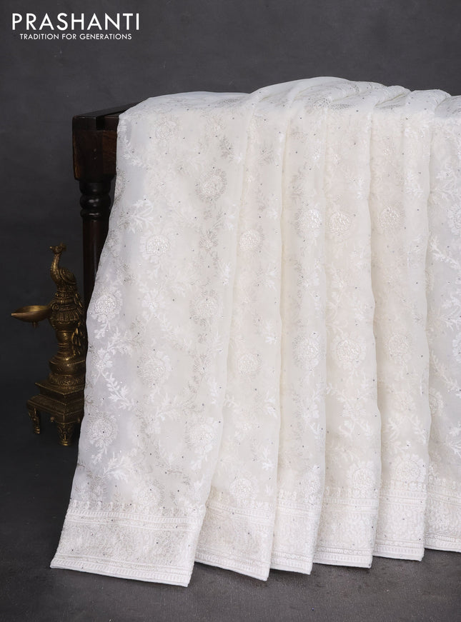 Semi georgette saree off white with allover chikankari & stone work