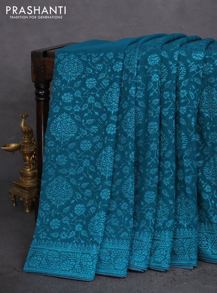 Semi georgette saree teal green with allover chikankari & stone work