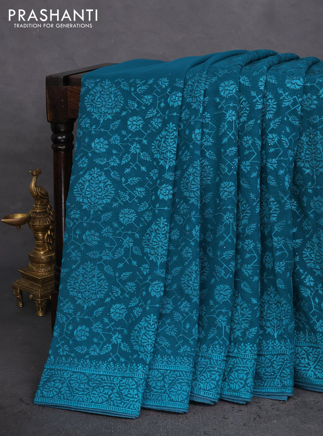 Semi georgette saree teal green with allover chikankari & stone work