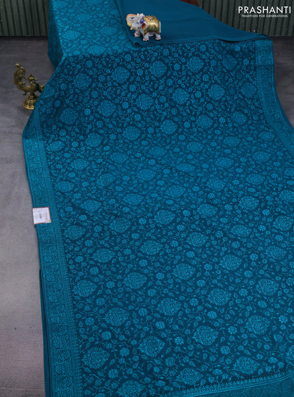 Semi georgette saree teal green with allover chikankari & stone work