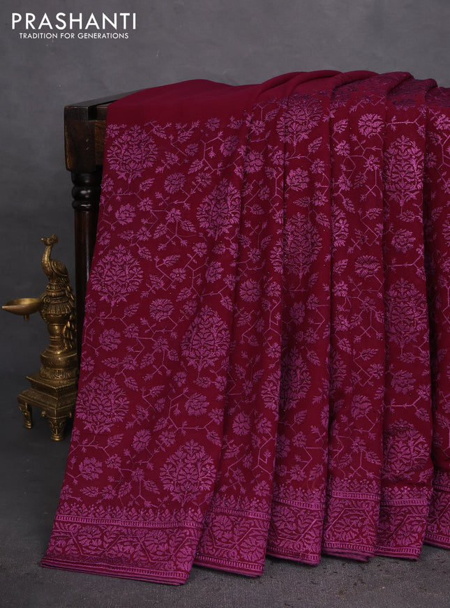 Semi georgette saree wine shade with allover chikankari & stone work