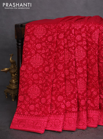 Semi georgette saree dark pink with allover chikankari & stone work