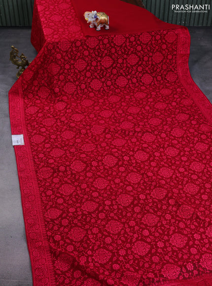 Semi georgette saree dark pink with allover chikankari & stone work