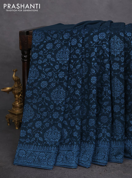 Semi georgette saree dark peacok blue with allover chikankari & stone work