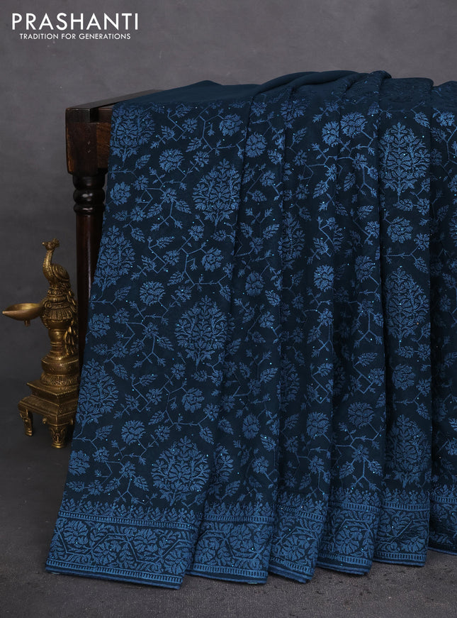 Semi georgette saree dark peacok blue with allover chikankari & stone work