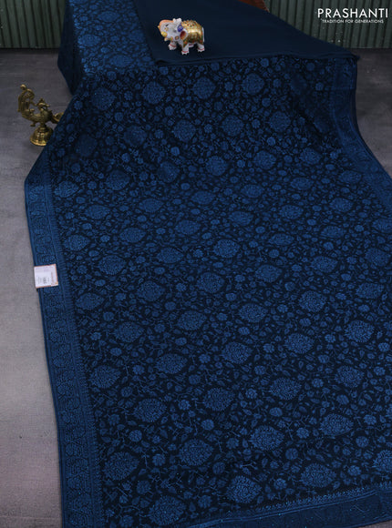 Semi georgette saree dark peacok blue with allover chikankari & stone work