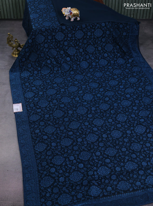 Semi georgette saree dark peacok blue with allover chikankari & stone work