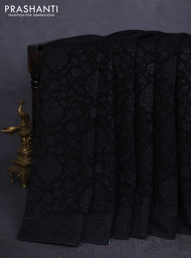 Semi georgette saree black with allover chikankari & stone work