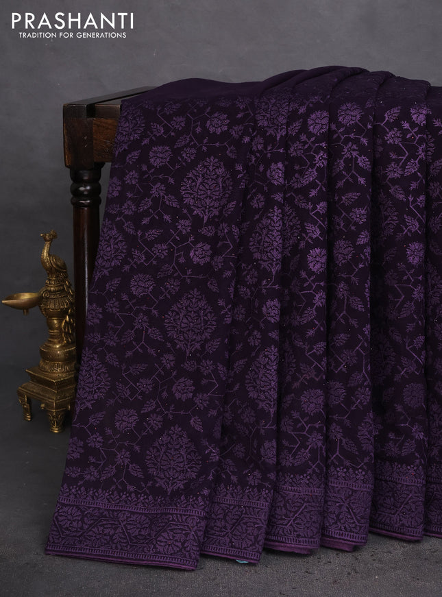 Semi georgette saree jamun shade with allover chikankari & stone work 1 mam taken