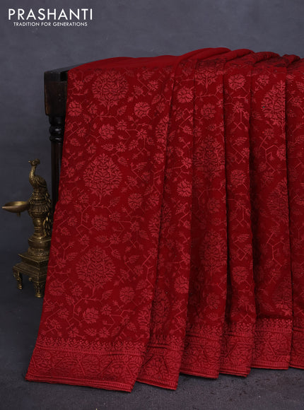 Semi georgette saree maroon with allover chikankari & stone work