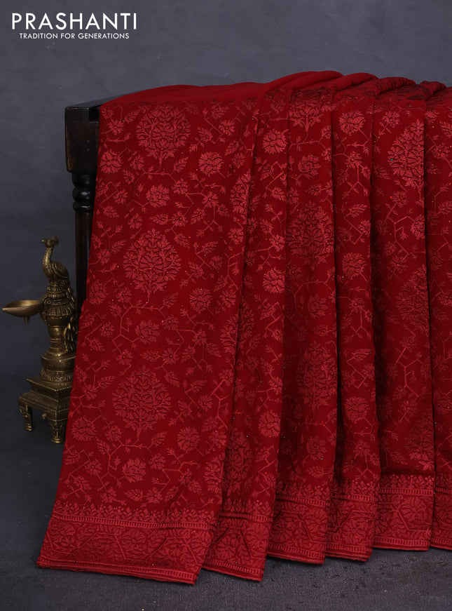 Semi georgette saree maroon with allover chikankari & stone work