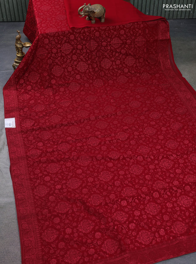 Semi georgette saree maroon with allover chikankari & stone work