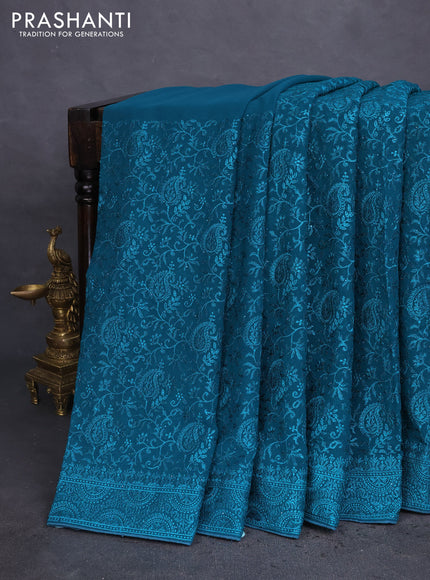 Semi georgette saree teal green with allover chikankari & stone work