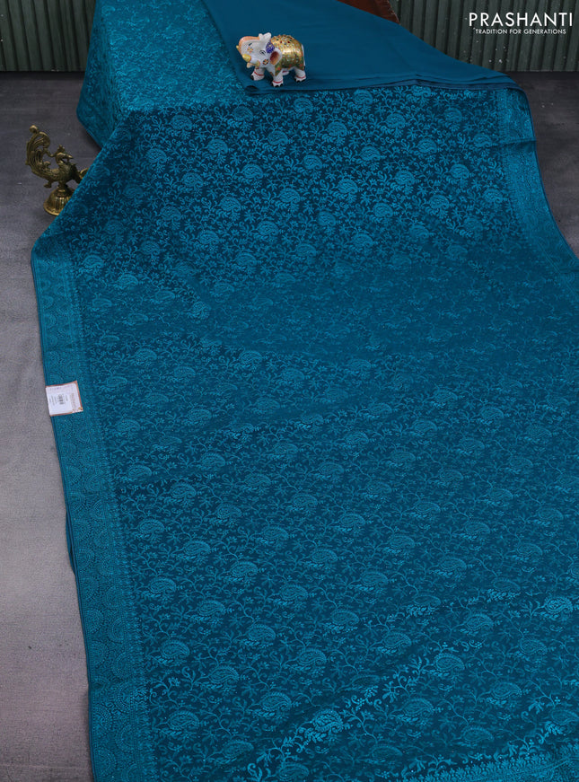 Semi georgette saree teal green with allover chikankari & stone work