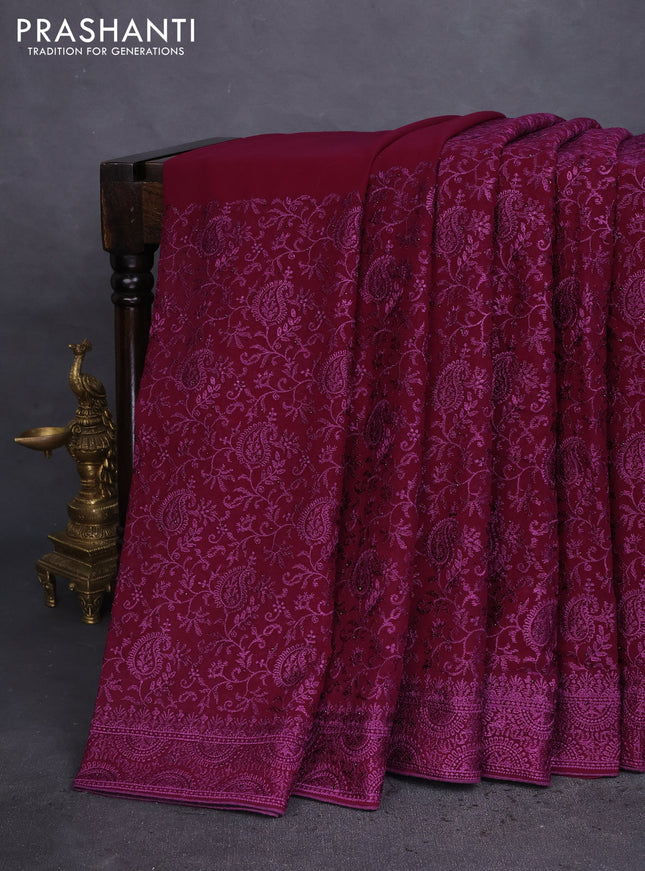 Semi georgette saree wine shade with allover chikankari & stone work