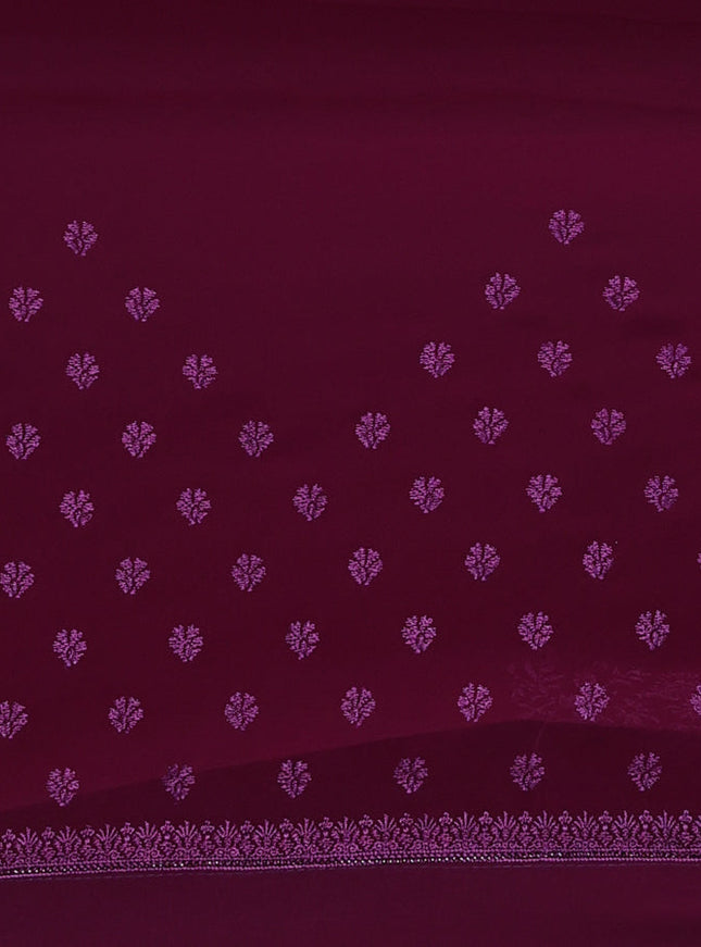 Semi georgette saree wine shade with allover chikankari & stone work