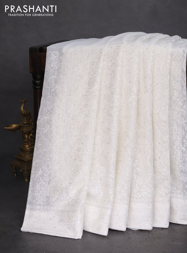Semi georgette saree off white with allover chikankari & stone work