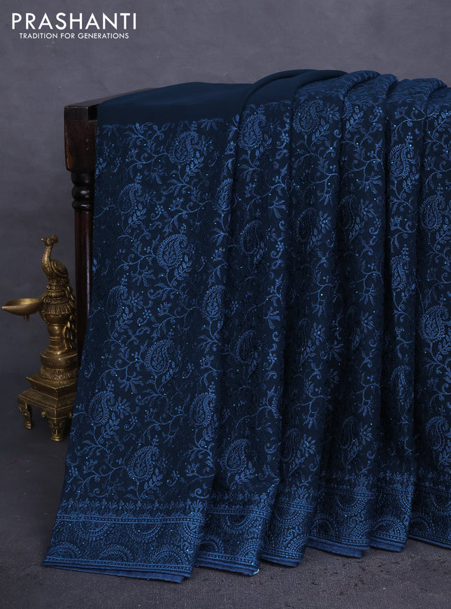 Semi georgette saree dark peacock blue with allover chikankari & stone work