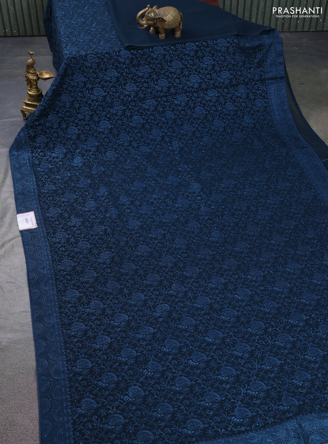Semi georgette saree dark peacock blue with allover chikankari & stone work