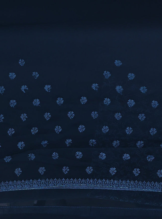 Semi georgette saree dark peacock blue with allover chikankari & stone work