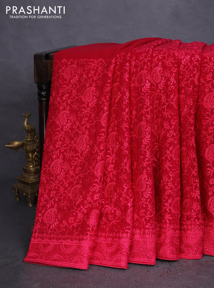 Semi georgette saree dark pink with allover chikankari & stone work
