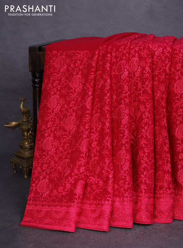 Semi georgette saree dark pink with allover chikankari & stone work
