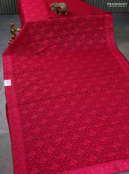 Semi georgette saree dark pink with allover chikankari & stone work