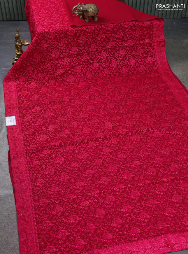 Semi georgette saree dark pink with allover chikankari & stone work