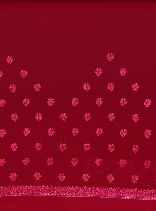 Semi georgette saree dark pink with allover chikankari & stone work