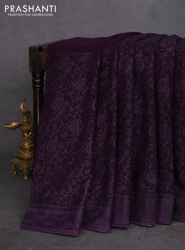 Semi georgette saree jamun shade with allover chikankari & stone work 1damage