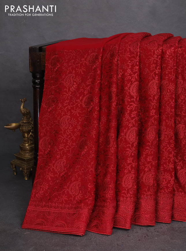 Semi georgette saree maroon with allover chikankari & stone work