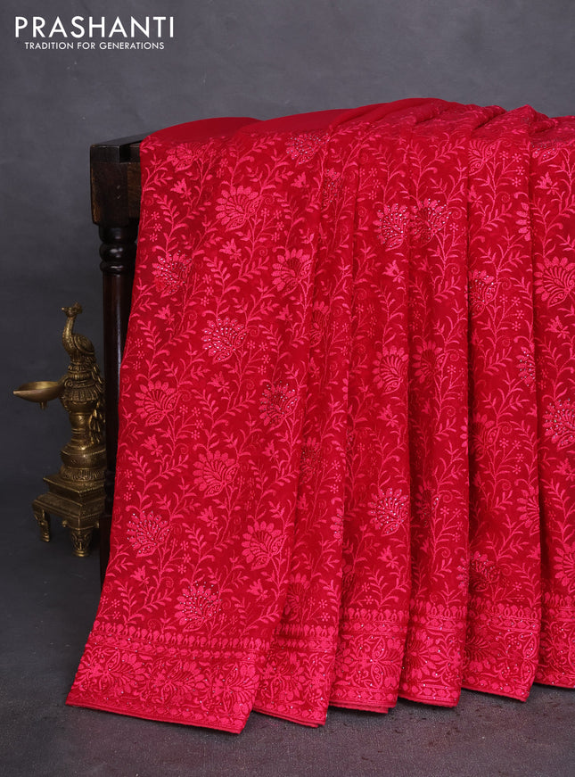 Semi georgette saree dark pink with allover chikankari & stone work