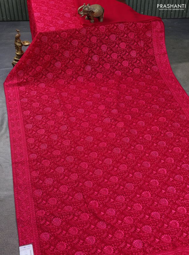 Semi georgette saree dark pink with allover chikankari & stone work