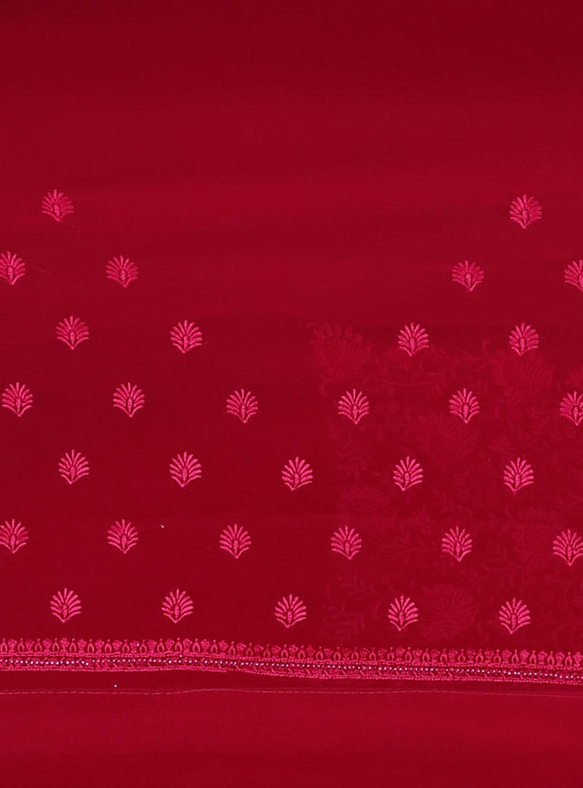 Semi georgette saree dark pink with allover chikankari & stone work