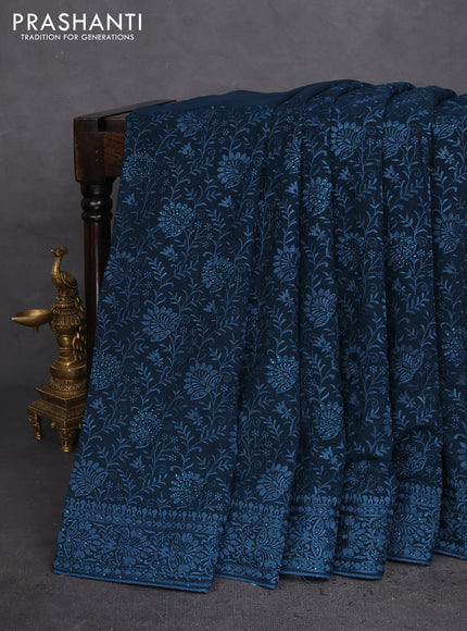 Semi georgette saree dark peacock blue with allover chikankari & stone work