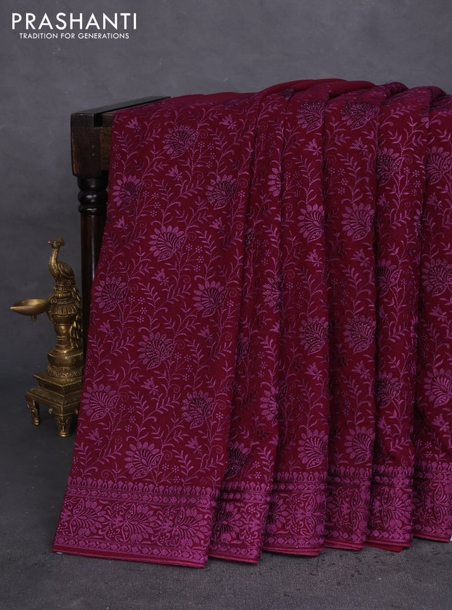 Semi georgette saree wine shade with allover chikankari & stone work