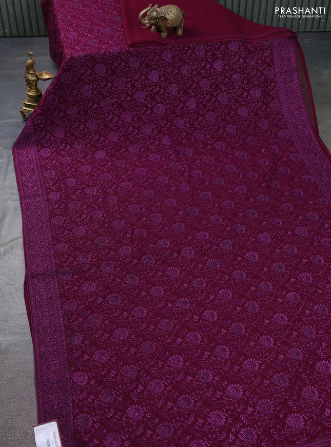 Semi georgette saree wine shade with allover chikankari & stone work